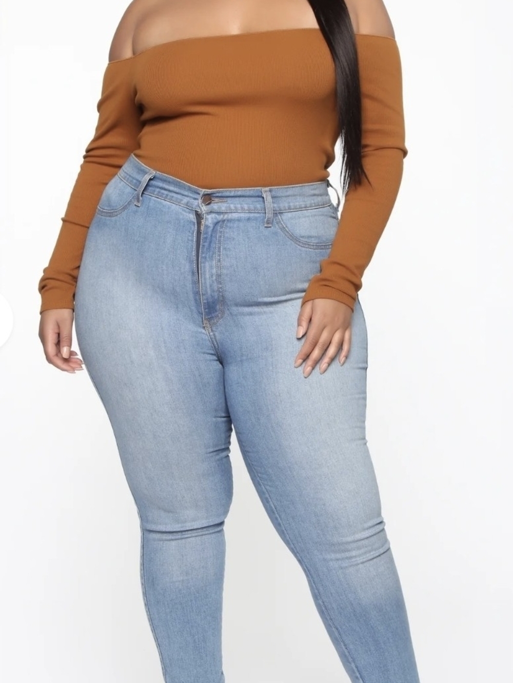 Rust-orange Fashion Nova ribbed off-the-shoulder long-sleeve top featuring a tex